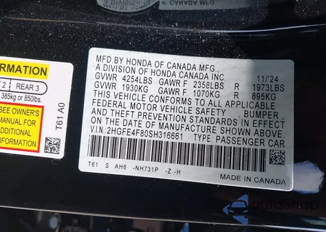 2025 Honda Civic Hybrid Sport/Sport Touring z USA, uszkodzony, nr VIN 2HGFE4F80SH316661